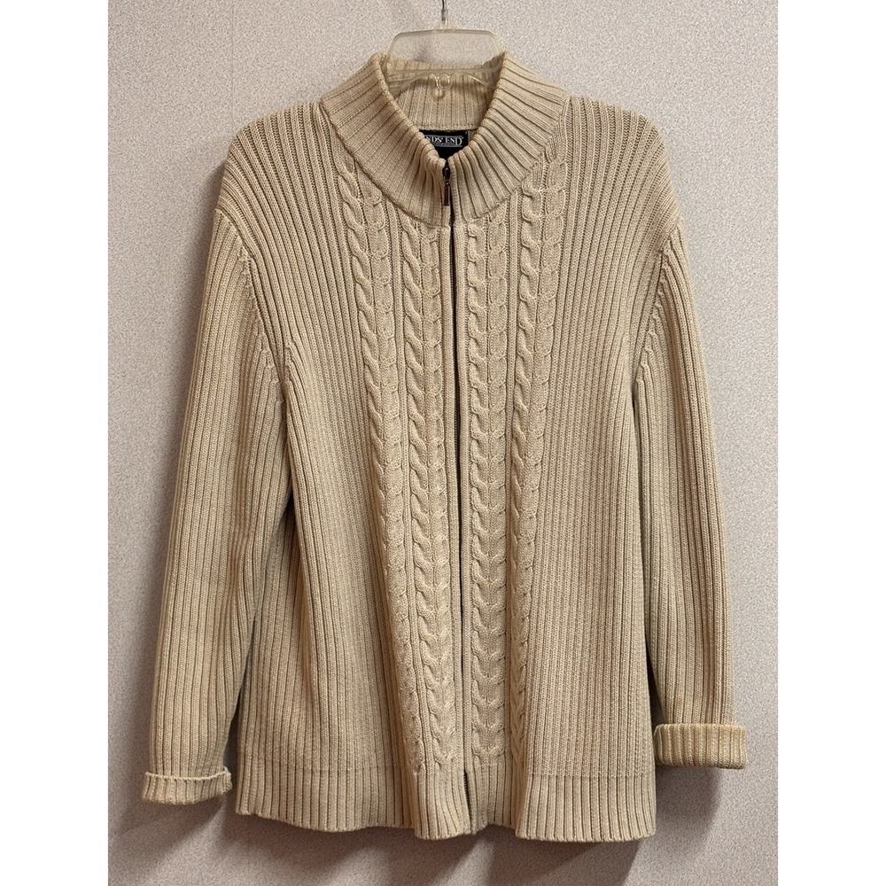 Lands End Cardigan Sweater Womens XL Tan Excellent Full Zip Cable Fisherman Knit